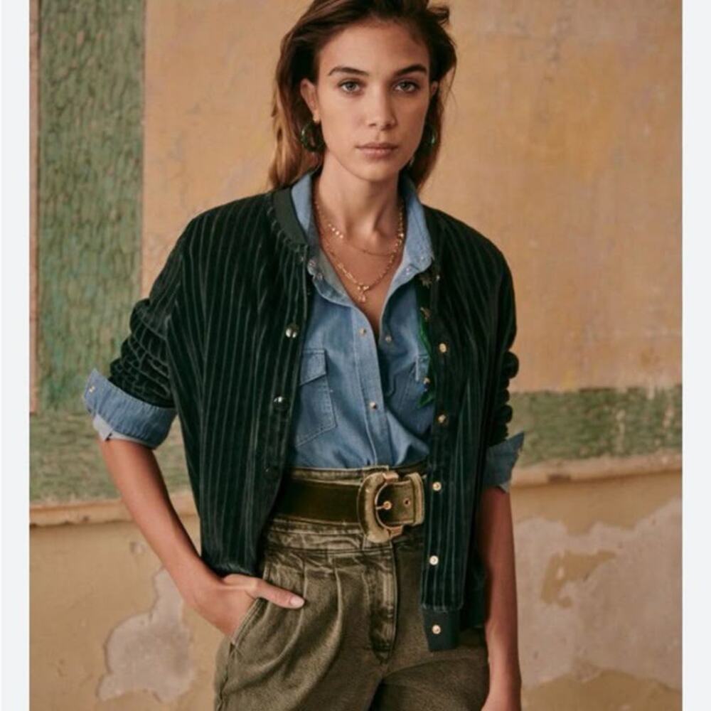 Sezane Iris Bomber Jacket Sage Green Velvet Teddy Organic Cotton SZ M